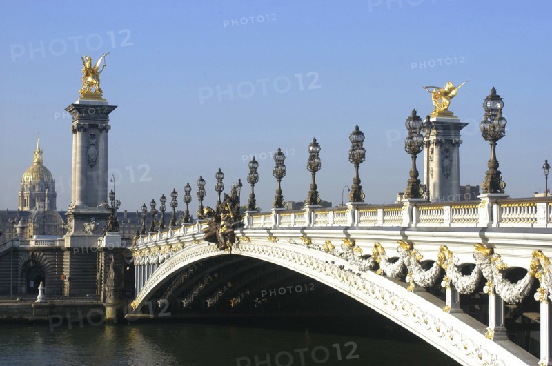 FRANCE, Ile de France, Paris, View along the edge of the Pont Alexandre III that was built between 1896 and 1900