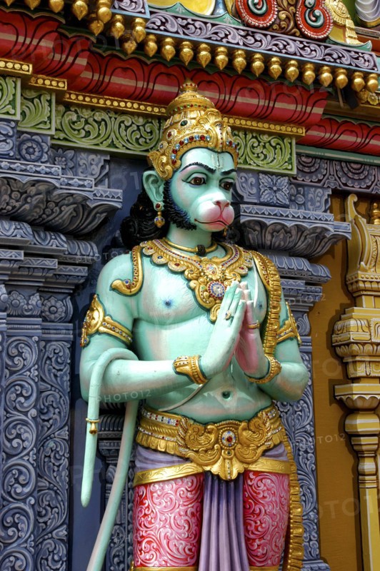 SINGAPORE, Central, Chinatown, Sri Mariamman Temple. Detail of brightly coloured Hindu carving dating from 1862