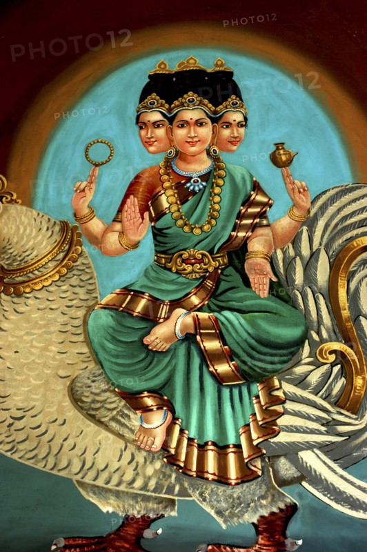 SINGAPORE, Central, Chinatown, Sri Mariamman Temple. Detail of brightly coloured Hindu painting dating from 1862