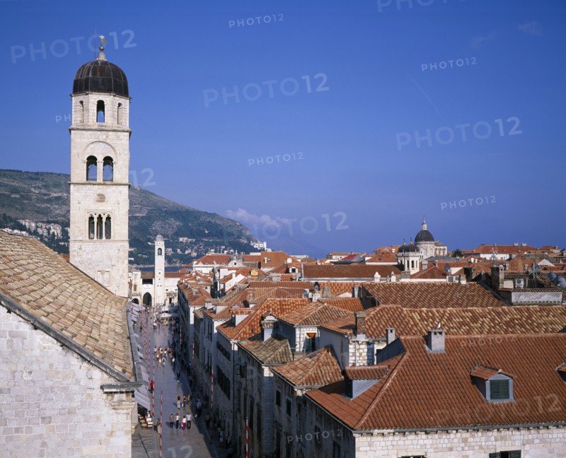 CROATIA, Dalmatia, Dubrovnik, Aerial view over the Placa or main street from Pile Gate looking toward the Cathedral dome