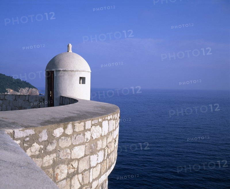 CROATIA, Dalmatia, Dubrovnik, City Wall or Gradske Zidine overlooking the Adriatic Sea and Kolocep Island