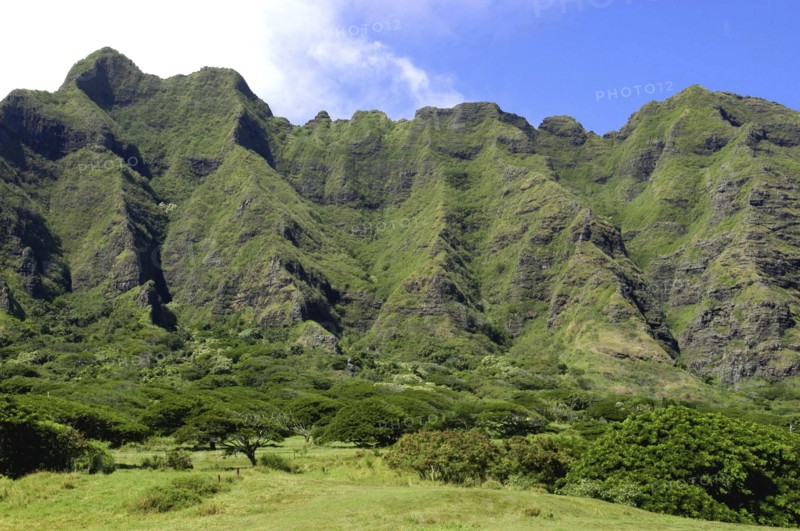 USA, Hawaii, Oahu, Kahuku. Vast green rocky hills with trees at the base