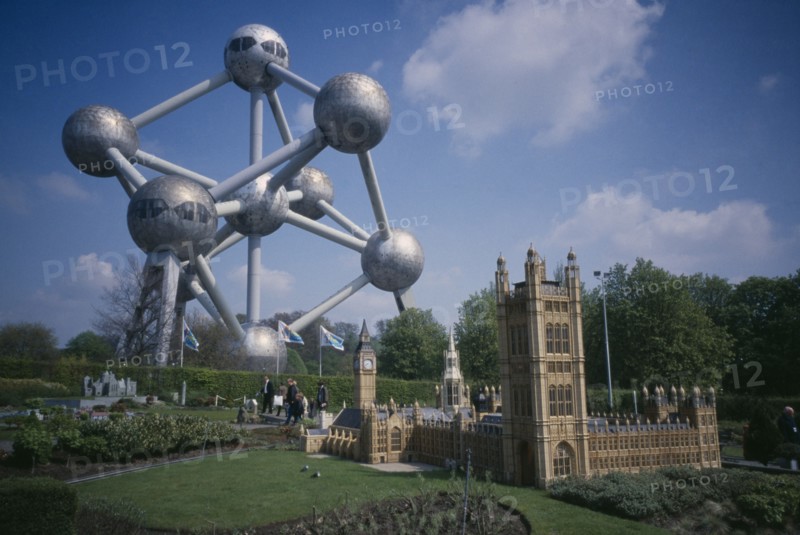 BELGUIM, Brabant, Brussels, Model of Houses of Parliament with Atomium behind.