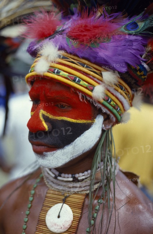 PAPUA NEW GUINEA, Tribal People, Eastern Highlander with head dress made of dyed chicken feathers and heavily painted face at Goroka Show.