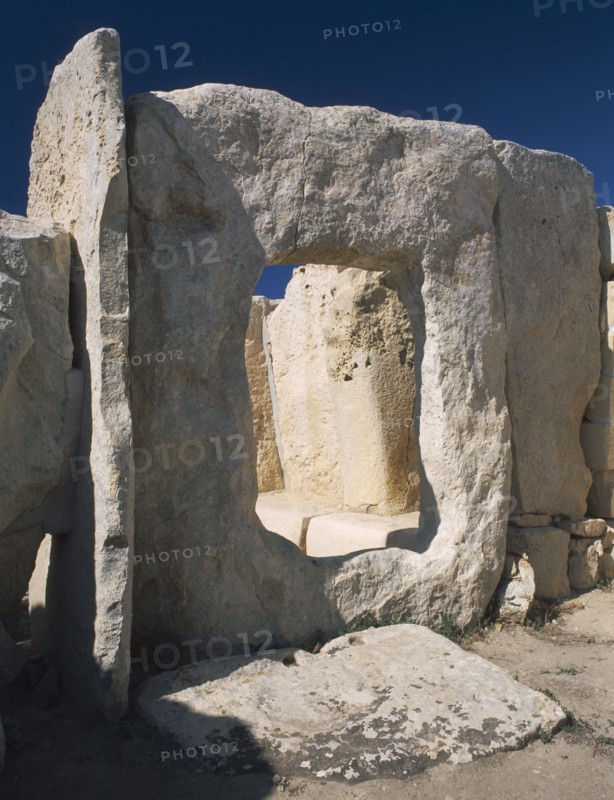 MALTA, Marsaxlokk, Hagar Qim prehistoric site with view of carved doorway.