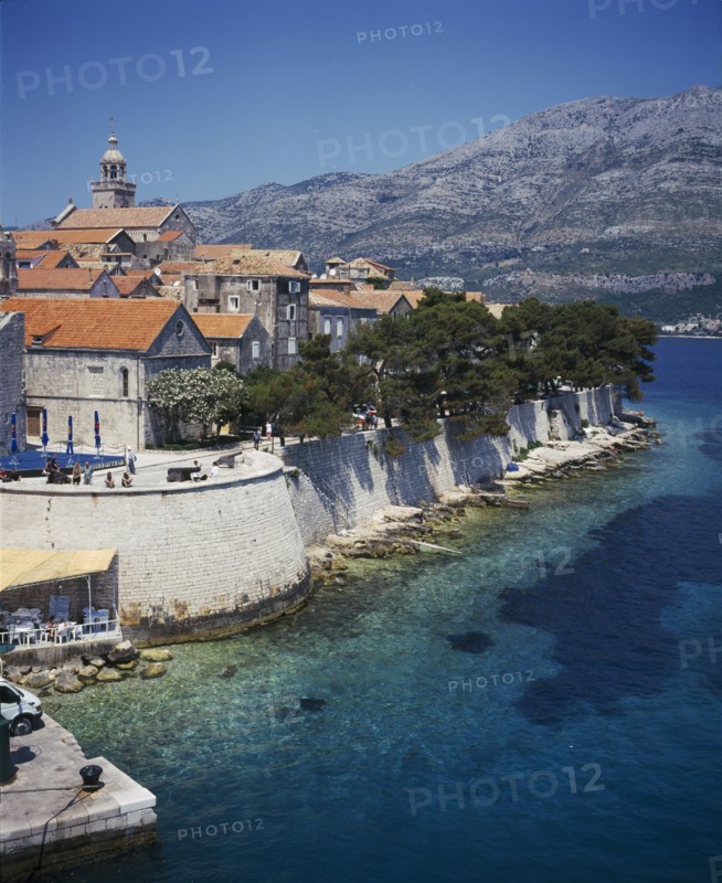 CROATIA, Korcula Island, Korcula, View over coastal town fortified with 13th century walls