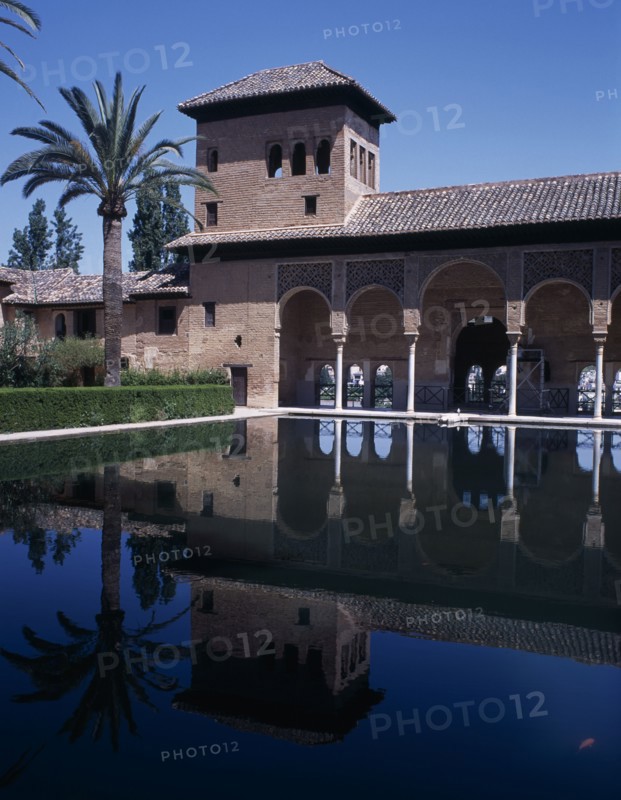 SPAIN, Andalucia, Granada, The Alhambra. Palace of the Maids general view of the tower reflected in the pond