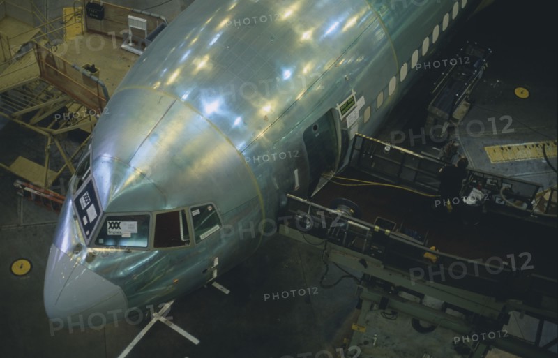 USA, Washington, Everett, Boeing 767 airliner under construction at the main assembly building.