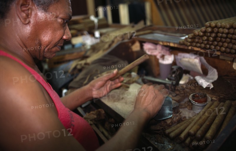CUBA, Havana, Man rolling cigars at a factory