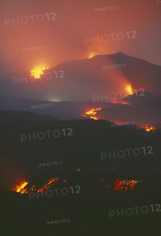 ITALY, Sicily, "Volcano erupting at night, Lava flow from the Monti Calcarazzi fissure."