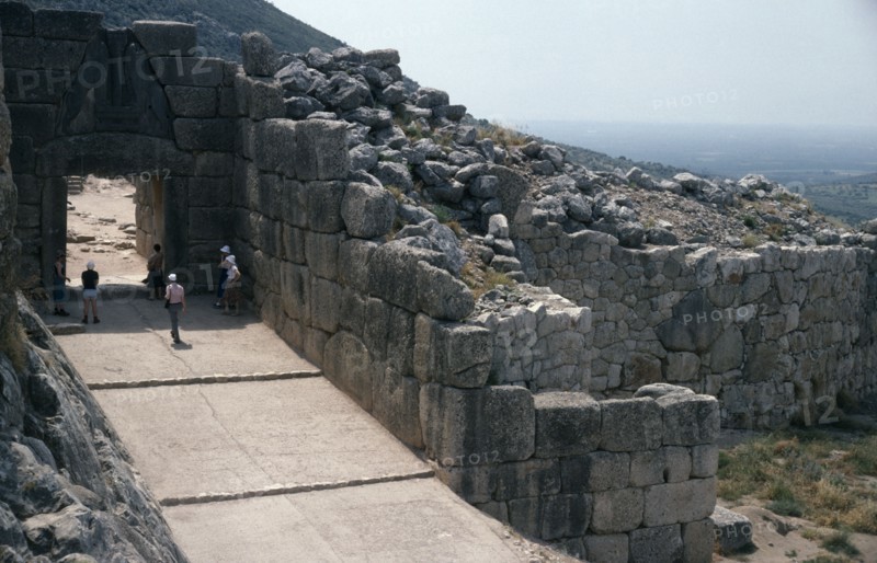 GREECE, Peloponese, Mycenae, The Lion Gate and walls of ancient ruined citadel.