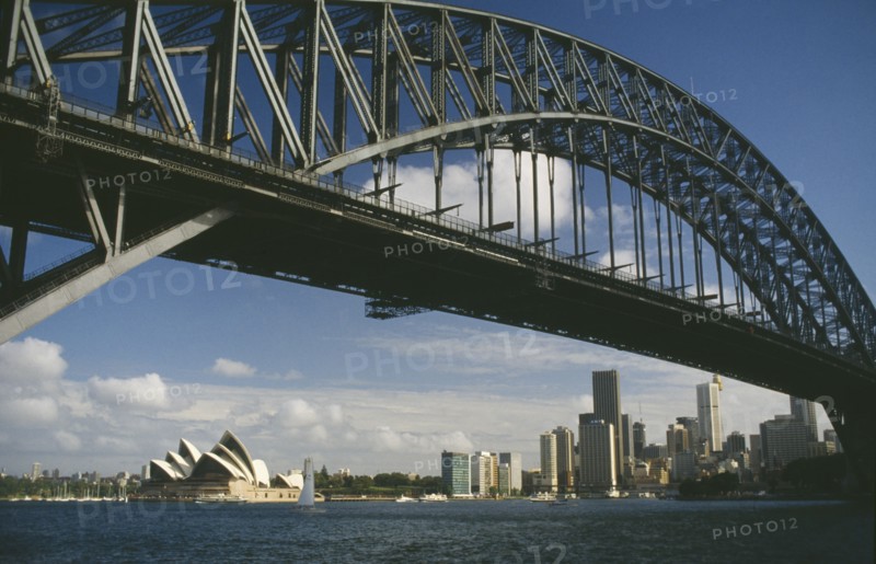 AUSTRALIA, New South Wales, Sydney, View through Harbour Bridge toward the Opera House