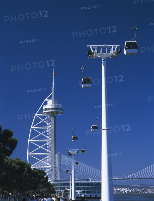 PORTUGAL, Lisbon, "Parque das Nacoes or Park of Nations, former Expo 98 site. Vasco da Gama viewing tower and cable cars."