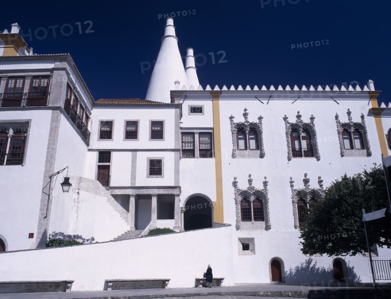 PORTUGAL, Sintra, "Palacio Nacional de Sintra facade and huge conical chimneys above, dating from the 14th century."