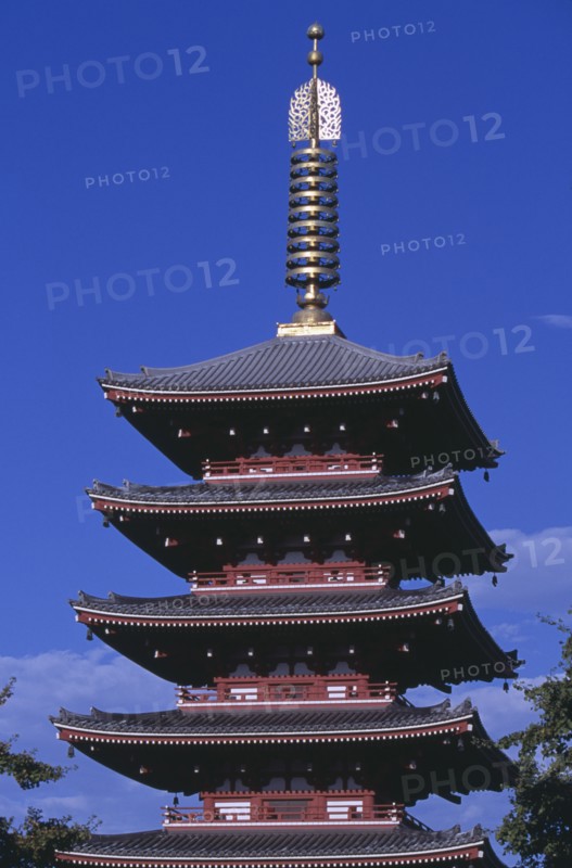 JAPAN, Honshu, Tokyo, Asakusa. Senso Ji Temple. View of the Five Storey Pagoda