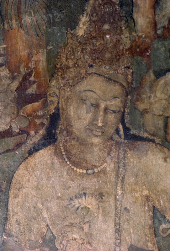 INDIA, Maharashtra, Ajanta Caves, Detail of fresco depicting Prince Vish Vantara in Cave One.