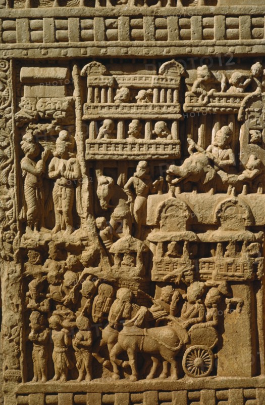 INDIA, Madhya Pradesh, Sanchi, Detail of stupa carving.