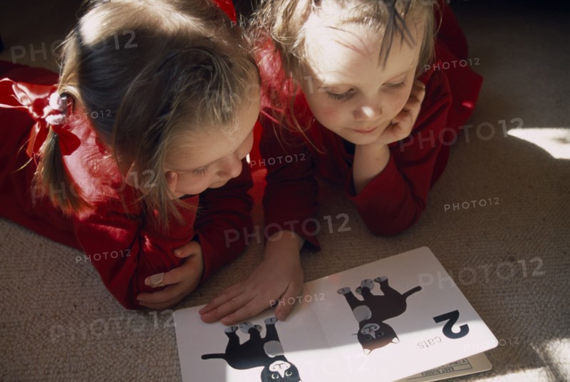 EDUCATION, Children, Reading, Two toddlers lying on the floor in a sunlit room looking at a book with pictures of cats.