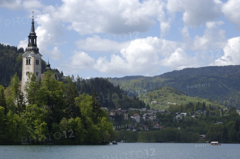SLOVENIA, Lake Bled, Bled Island and tower of the Church of the Assumption