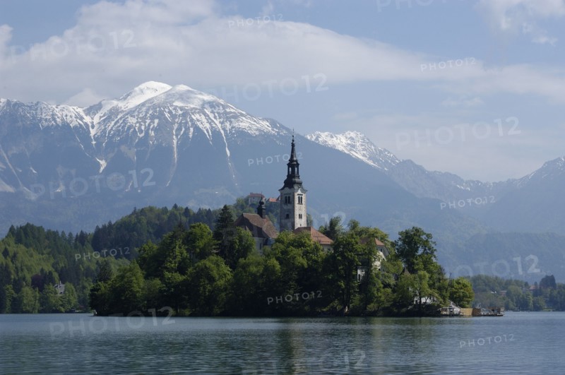 SLOVENIA, Lake Bled, View over the lake toward Bled Island and tower of the Church of the Assumption with snow capped peaks of the Julian Alps behind
