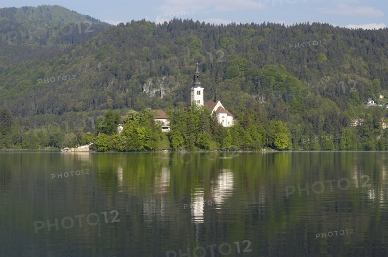 SLOVENIA, Lake Bled, Bled Island and tower of the Church of the Assumption