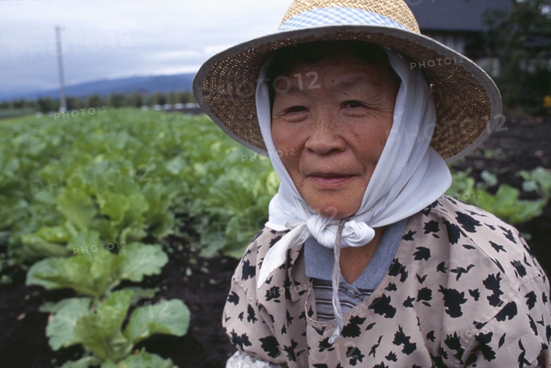 JAPAN, Honshu, Densho en, Woman wearing a hat beside vegetable plot