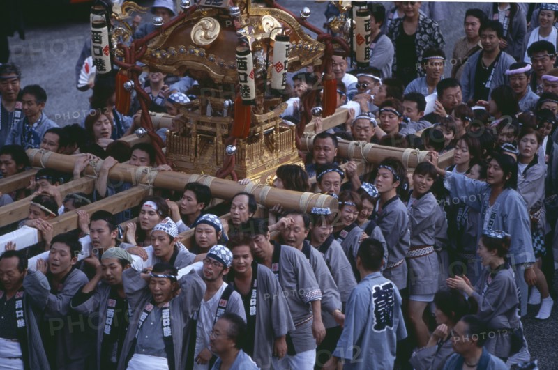 JAPAN, Honshu, Tokyo, Shinjuku. Crowd of people carrying Mikoshi throught the street during a festival celebration