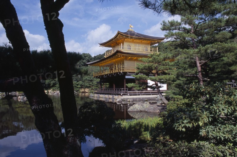 JAPAN, Honshu, Kyoto, Kinkaku Ji Temple aka the Golden Pavilion seen through trees