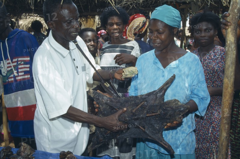 GHANA, West, Markets, "Man purchasing dried grasscutter, a type of large rodent, from woman on market stall."