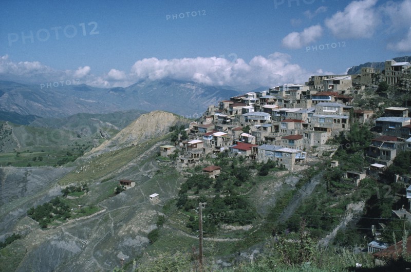 RUSSIA, Dagestan, Chok, Former caravanserai or merchants inns on hillside.