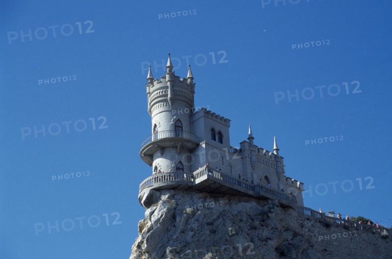 UKRAINE, Crimea, Swallow’s Nest, Cliff top folly built by German oil magnate in the 1900s.