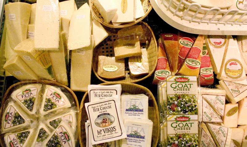 USA, Minnesota, St Paul, A selection of goat and feta cheese displayed at the Mississippi Market a natural foods co-op located at Dale and Selby in the regentrified inner city area.