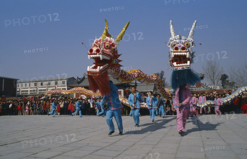 CHINA, Hebei, Beijing, Dragon dance for Chinese New Year celebrations.