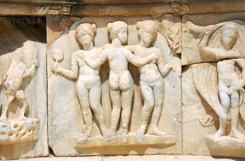LIBYA, Tripolitania, Sabratha, Bas relief carvings of mythological figures on white marble pulpitum of theatre.
