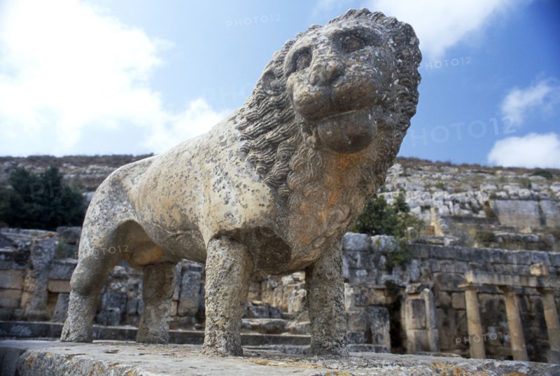 LIBYA, Cyrenaica, Cyrene, Temple of Apollo nymphaeum.  Stone statue of lion.