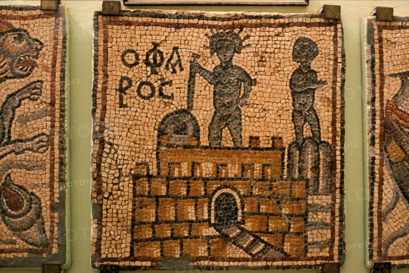 LIBYA, Cyrenaica, Qasr Libya, Detail of Byzantine mosaic in museum at site of fort and church dating back to 6th Century AD depicting the lighthouse of Alexandria.