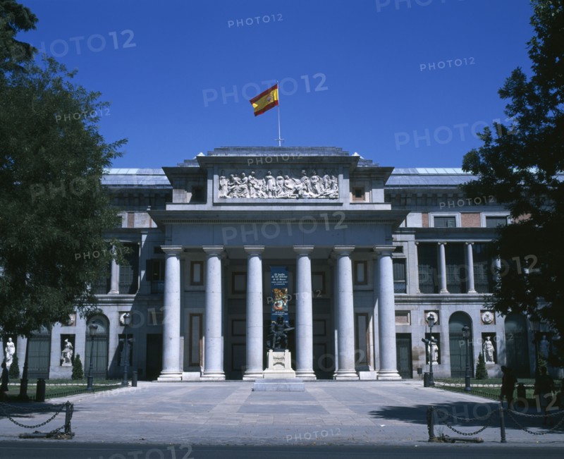 SPAIN, Madrid State, Madrid , Prado Museum. Main entrance with National flag flying.