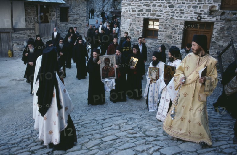 GREECE, Mount Athos, Procession of the sacred icon of the virgin at Easter.