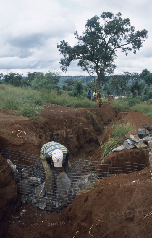 TANZANIA, West, Great Lakes Region, Refugees making gambions from stone filled wire cages to prevent water erosion.