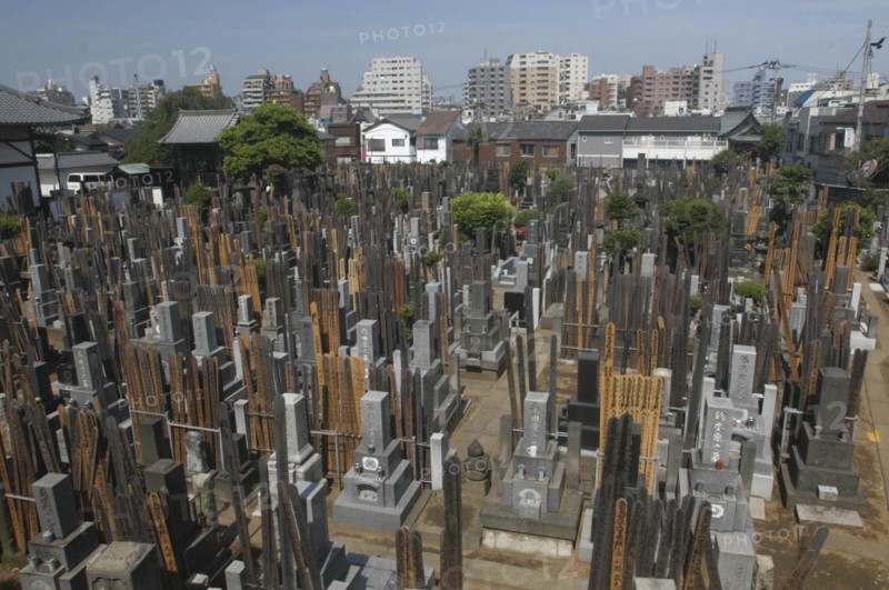 JAPAN, Honshu, Tokyo, Yanaka. View over the cemetary of Shoyomei-ji Temple closely surrounded by buildings