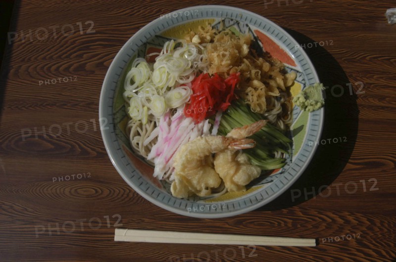 JAPAN, Chiba, Tako, "Bowl of "" hiyashi tanuki soba"" chilled raccoon dog buckwheat noodles, popular summertime meal"
