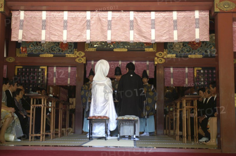 JAPAN, Honshu, Tokyo, "Nezu Jinja. Shinto priests give sake to bride and groom, both in traditional costume, as part of Shinto wedding ceremony"
