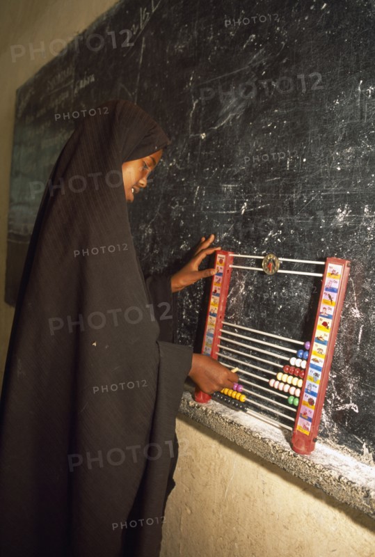 SOMALILAND, Hargeisa, Ali Osman Primary School.  Girl using abacus in classroom.
