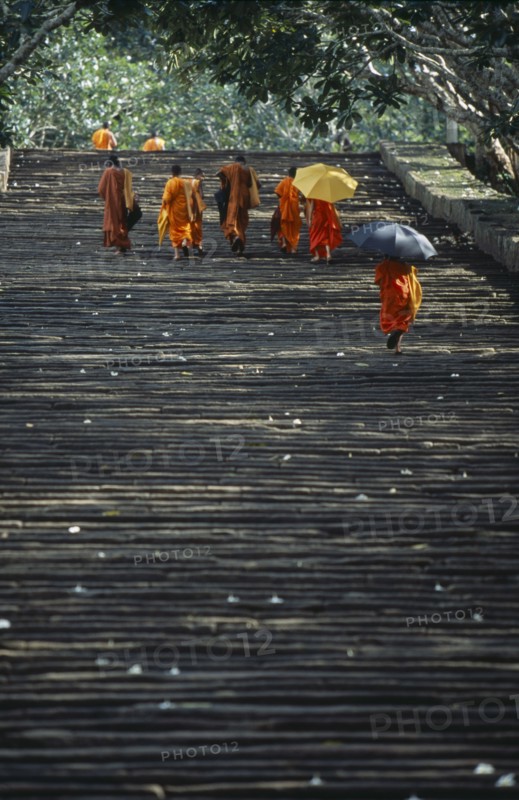 SRI LANKA, Mihintale, Monks climbing the steep pathway carrying umbrellas to shade themselves from the sun.