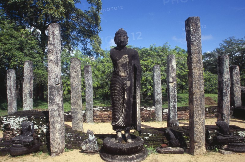 SRI LANKA, Polonnaruwa, The Atadage. Standing Buddha statue among stone columns within the quadrangle