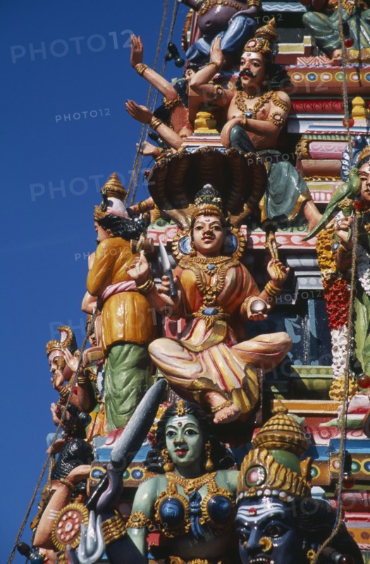 SRI LANKA, Colombo, Ganesh Kovil. Close up deatil of colourful Hindu Temple carvings