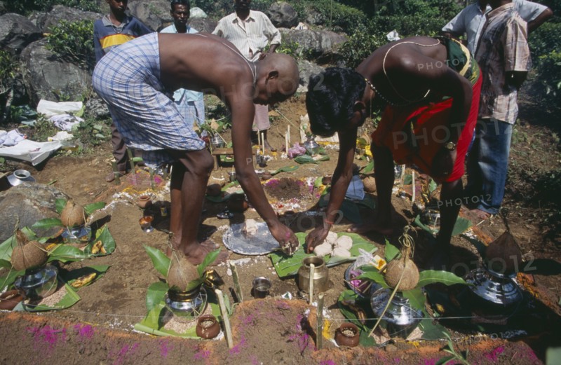 SRI LANKA, Haputale, Funeral ritual with son of the deceased with head shaved as a sign of bereavement and other mourners placing offerings on ground marked with coloured tika powder.