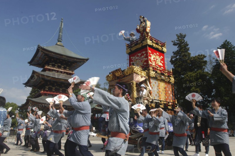 JAPAN, Chiba, Narita , Gion Matsuri. Members dance in front of Narita san Temple before pulling neighborhood dashi or wagon through the streets