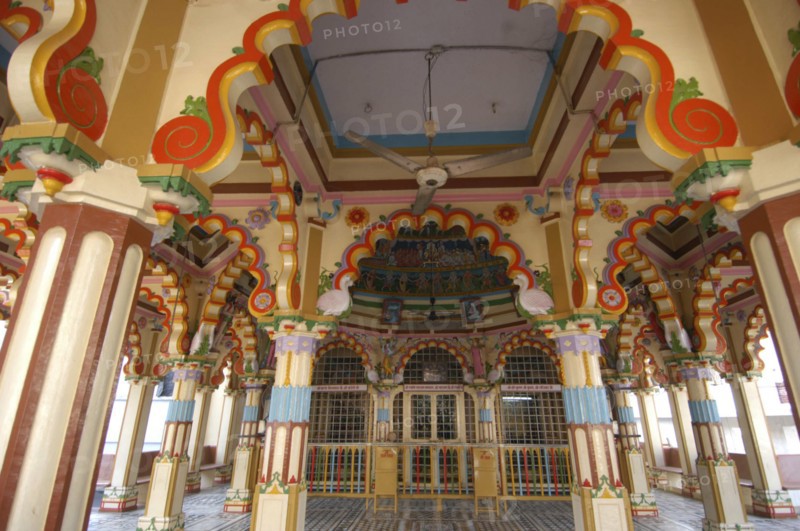 INDIA, Uttar Pradesh, Varanasi, Ram Swami Temple entrance with colourful columns