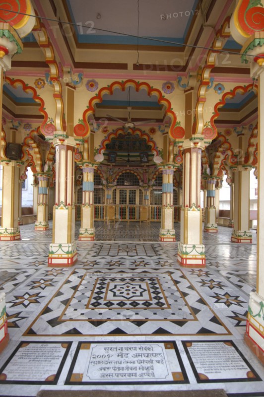 INDIA, Uttar Pradesh, Varanasi , Ram Sawmi Temple entrance with colourful columns